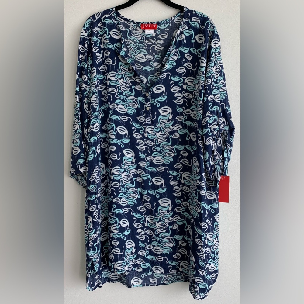 NWT, Natori - JOSIE "Flamenco"  3/4 Sleeve Dress, Blue & White Flamingo, Size XL